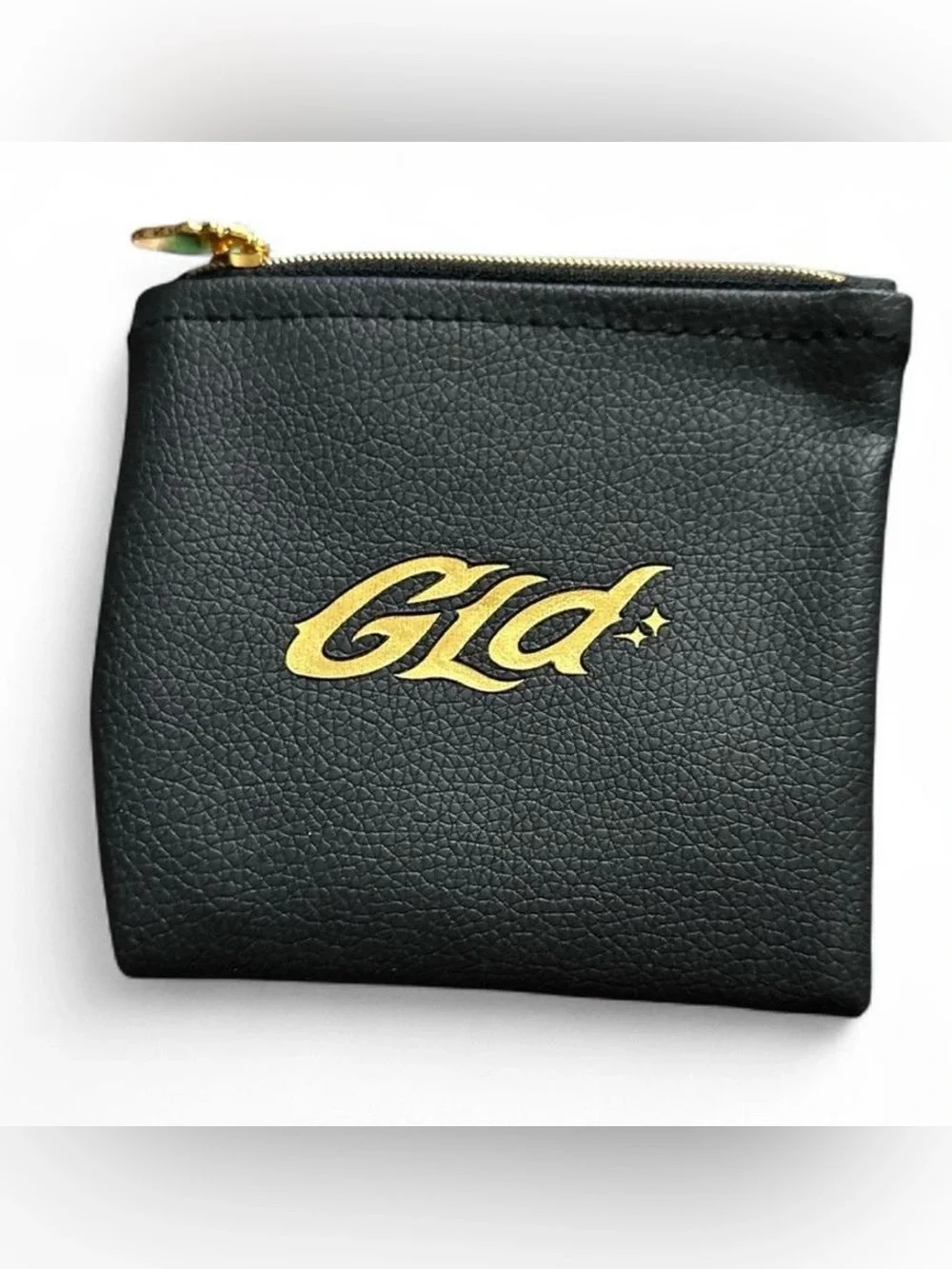 GLD Black Leather Zip Gift Pouch/Coin Purse Gold Logo Jewelry Holder Baddie
